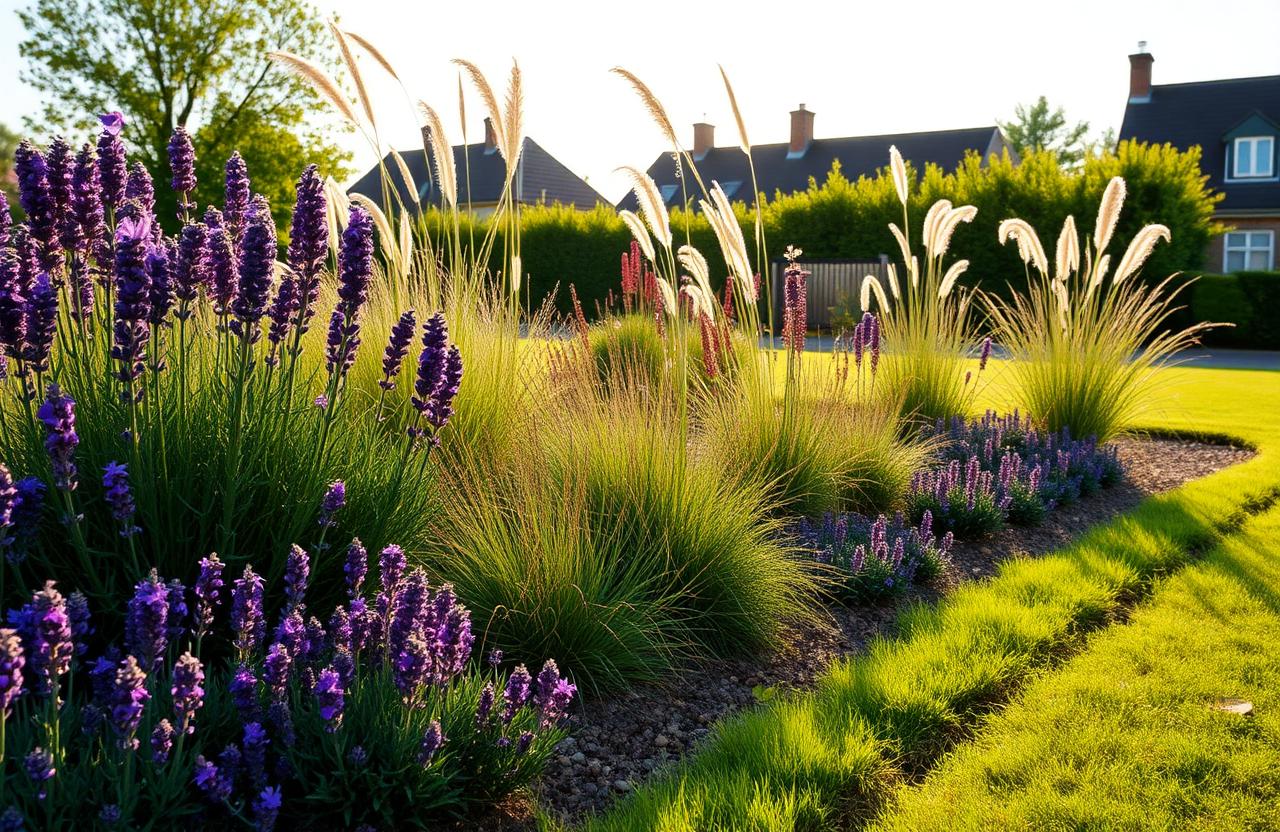 Zonnige border met lavendel, siergrassen en vaste planten langs een gazonrand